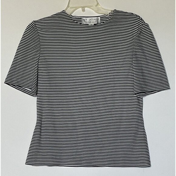 St. John Collection Marie Gray White Black Striped Short Sleeve Blouse Top - Picture 2 of 5